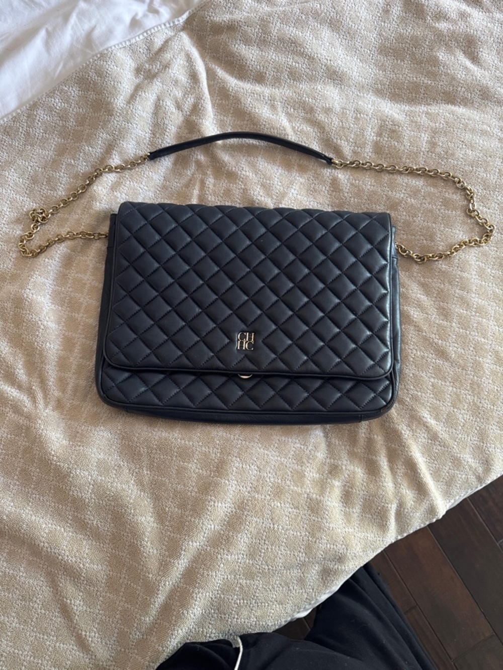 Carolina Herrera Black Quilted Leather Shoulder Bag with Gold Chain Strap